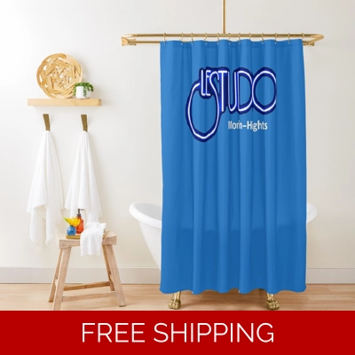 Le Studio Shower Curtain Light Blue White & Blue Logo MH Le Studio Shower Curtain Light Blue White & Blue Logo MH